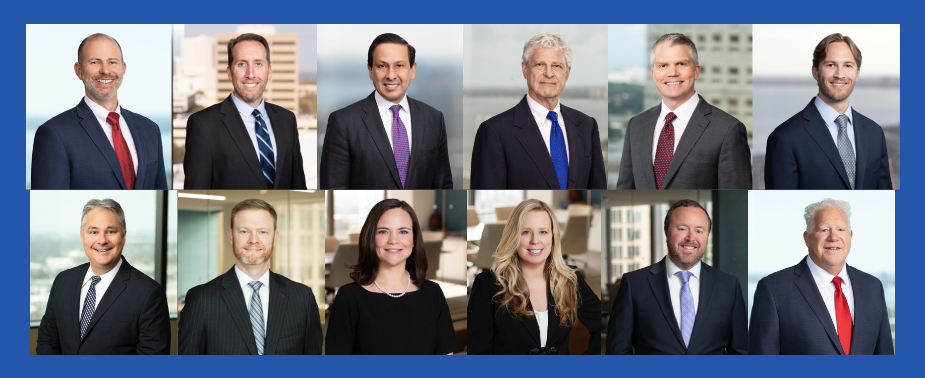 Top L-R: R. Corbett, D. Cherry, J. Esquivel, G. Yadley, W. Blair, N. Horner; Bottom L-R: M. Robbins, P. Horne, C. Davidson Trimmer, K. Gromlovits, J. Douglas Grimes, D. Smith. Images courtesy of Shumaker.
